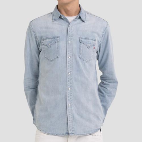 Chemise En Jean Replay Pour Homme – Taille L Noir Denim – Manches Longues – Neuf Avec Défaut (bouton)