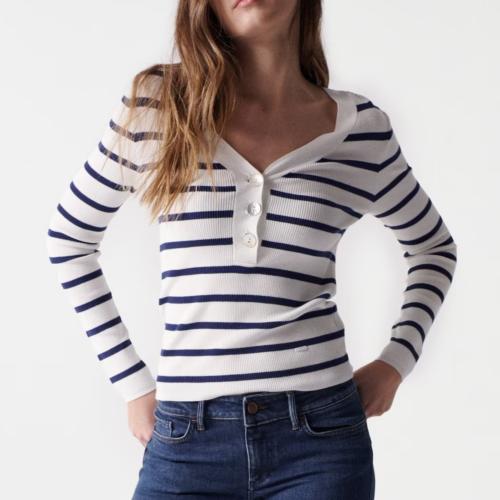 Pull marinière Salsa Jeans femme blanc rayé bleu marine