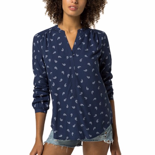 Chemisier Blouse Tommy Hilfiger femme en lyocell et viscose bleu marine à motifs blancs