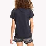 T Shirt femme Tommy Jeans bleu marine logo blanc