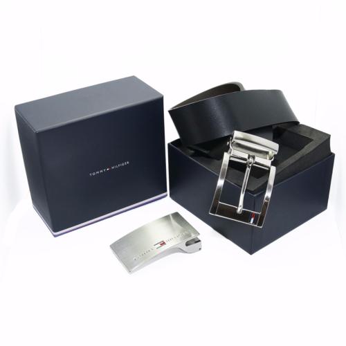 Coffret ceinture Tommy Hilfiger en cuir noir et marron haute qualité avec 2 boucles