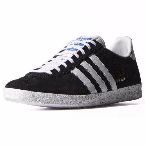 Chaussures Adidas Originals Gazelle en cuir suédé noir, 3 bandes blanches 