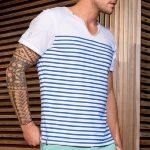 Tee Shirt Japan Rags homme modèle Cèdre blanc rayé bleu
