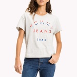 T Shirt cropped femme Tommy Jeans gris logo brodé