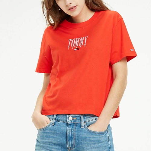 T Shirt crop top femme Tommy Hilfiger / Tommy Jeans rouge logo brodé