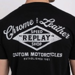 T Shirt Replay Jeans noir logo chrome and leather