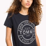 T Shirt femme Tommy Jeans bleu marine logo blanc
