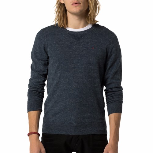 Pull Tommy Hilfiger homme modèle Ethan bleu marine chiné col rond