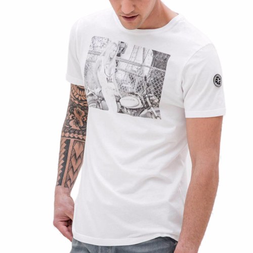 T Shirt homme en coton blanc LTC Denim / Japan Rags logo femme et moto vintage