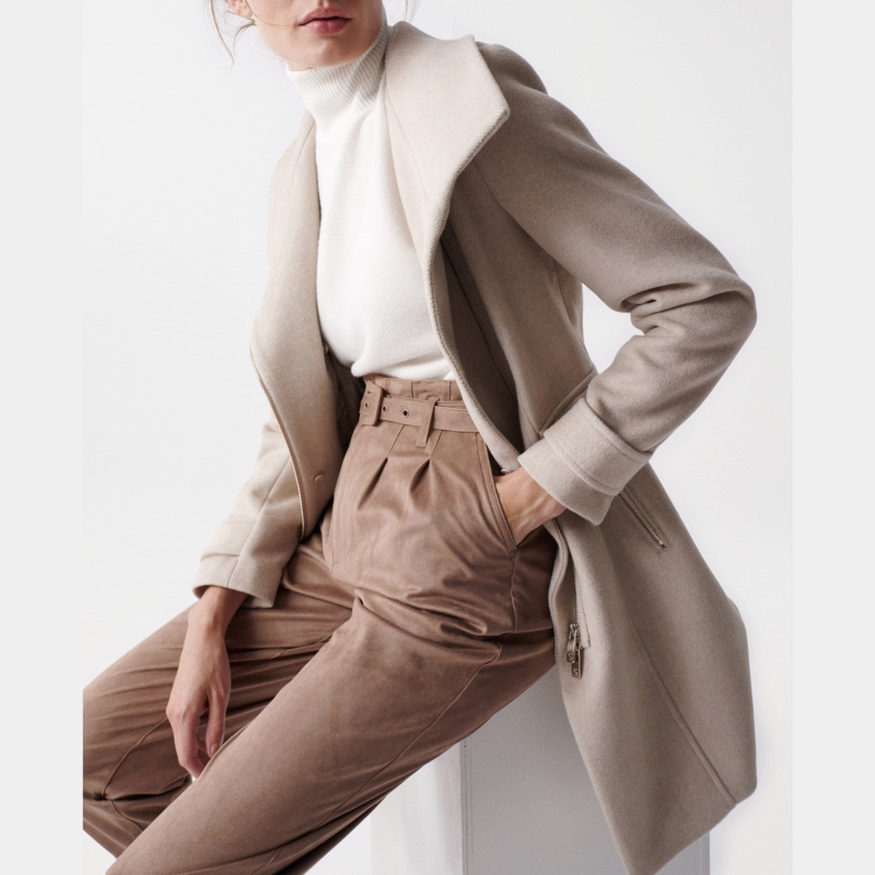 Manteau Salsa femme en drap de laine beige col fourrure