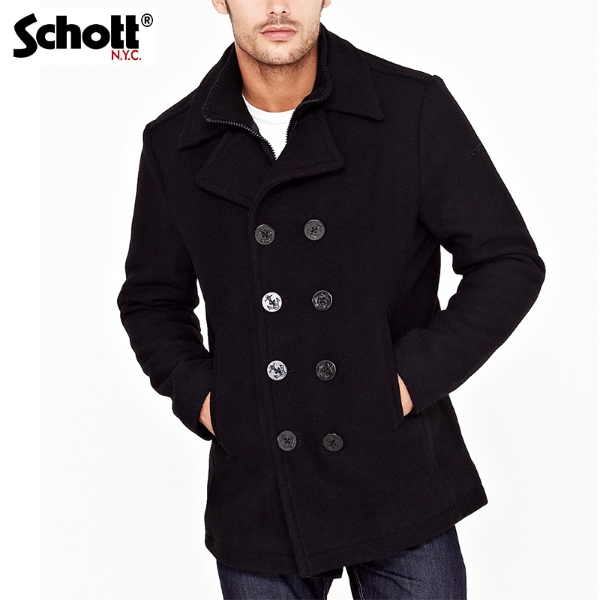 Schott - Caban Schott modèle Cyclone 2 en drap de laine noir, doublure amovible