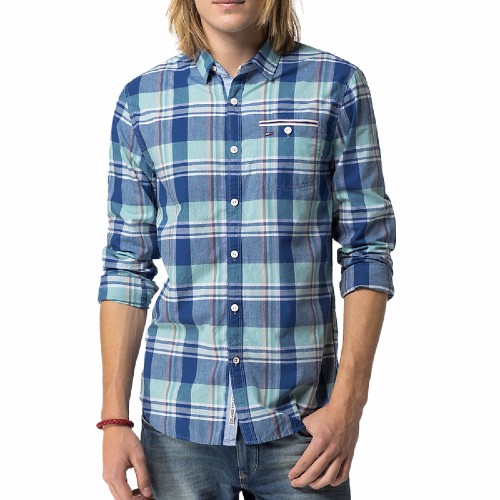 Chemise Tommy Hilfiger homme modèle Fergus en coton à carreaux bleus