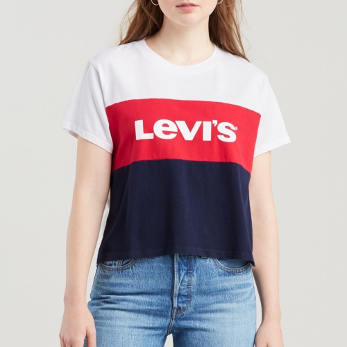 T Shirt Levis femme Colorblock Varsity Tee bleu marine, rouge et blanc