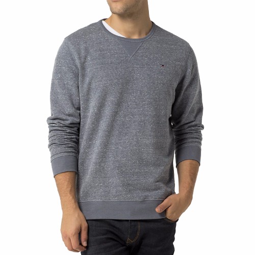 Sweat col rond Tommy Hilfiger pour homme en coton chiné gris / bleu