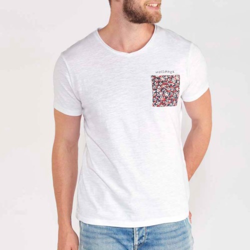 T Shirt Le Temps des Cerises Homme Tosa blanc poche motifs rouges