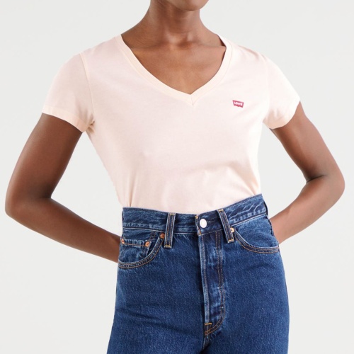 T Shirt Levi's ® femme col V rose saumon avec petit logo