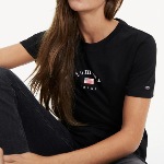 T Shirt femme Tommy Jeans noir logo brodé et drapeau américain