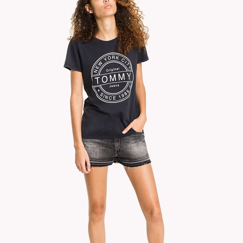 T Shirt femme Tommy Jeans bleu marine logo blanc